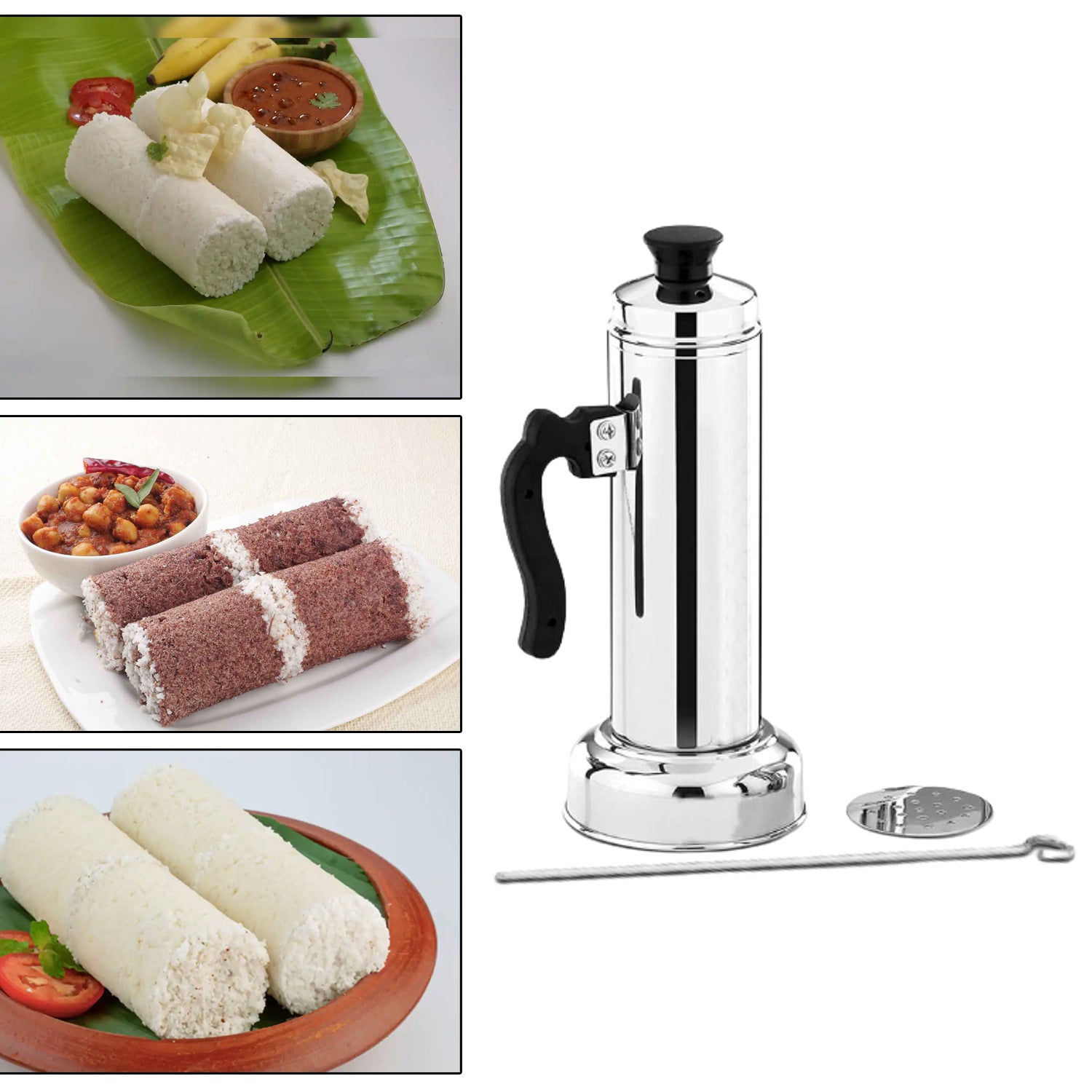 5311 Puttu Maker With Steamer Plate Metal Stick Black Plastic Handle Silver Lid  Puttu Maker Set  To Use With Pressure Cooker Top Food Grade Stainless Steel 5311 Puttu Maker With Steamer Plate Metal Stick Black Plastic Handle Silver Lid  Puttu Maker Set  To Use With Pressure Cooker Top Food Grade Stainless Steel